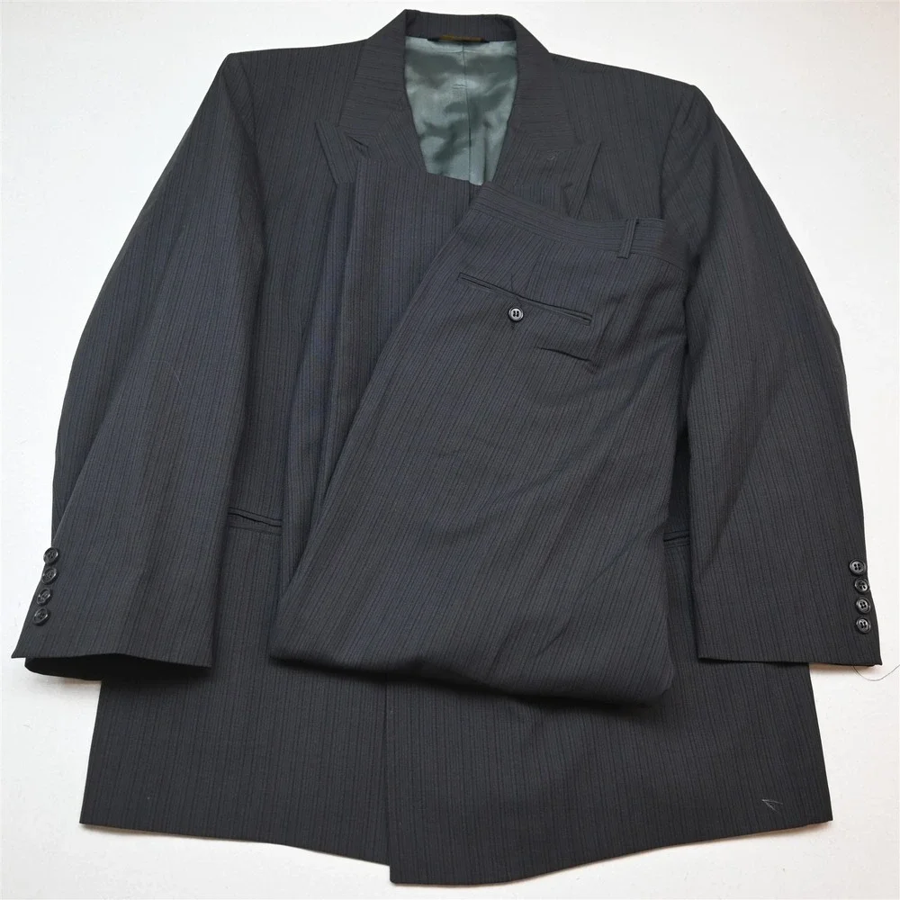 Vtg USA Made Double Breasted 46S 36x29 Gray Striped Wool Mens Jacket Pants Suit